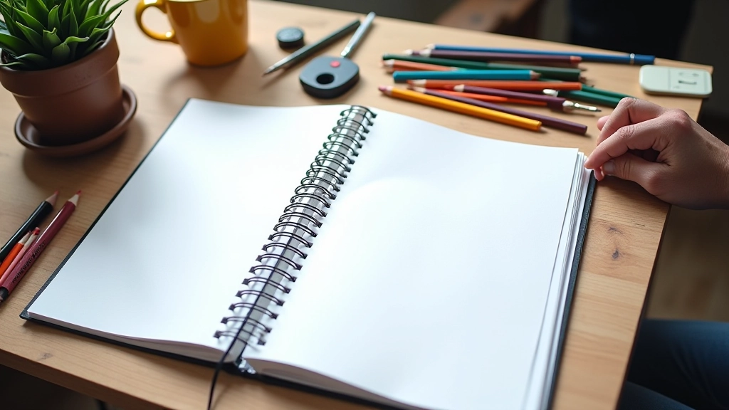 Workspace with sketch notebooks and design tools spread across a wooden desk
