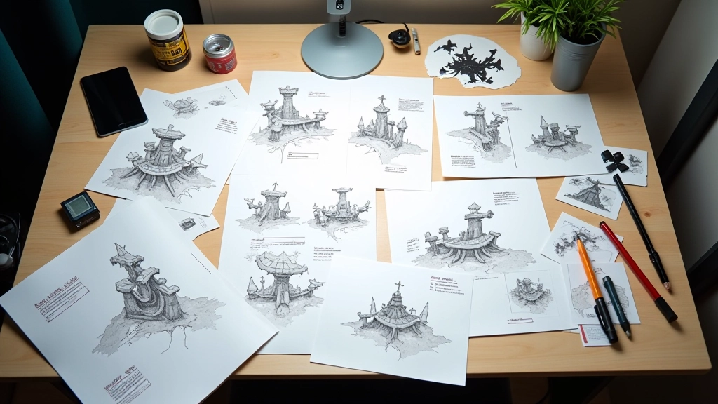 Iterative game design process with multiple sketches and prototype versions showing development progression