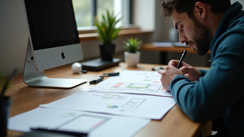 Game designer working at desk with sketches and game design documents spread out