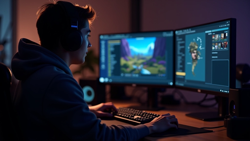 Person working at computer with game development interface visible on screen