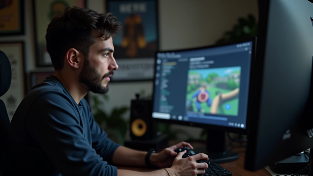 Game testing session with developer holding controller, testing gameplay on monitor with notes visible