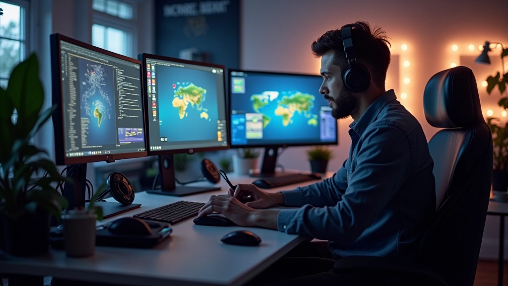 Modern game development studio workspace with multiple monitors and design tools