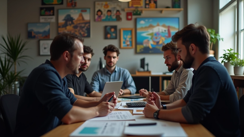 Team of developers collaborating in a casual studio space with game posters on walls