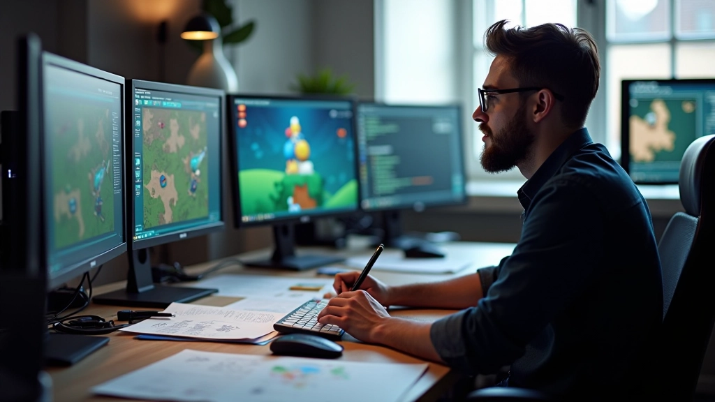 Game development workspace with multiple monitors showing game prototype, development tools, and design documents organized on desk