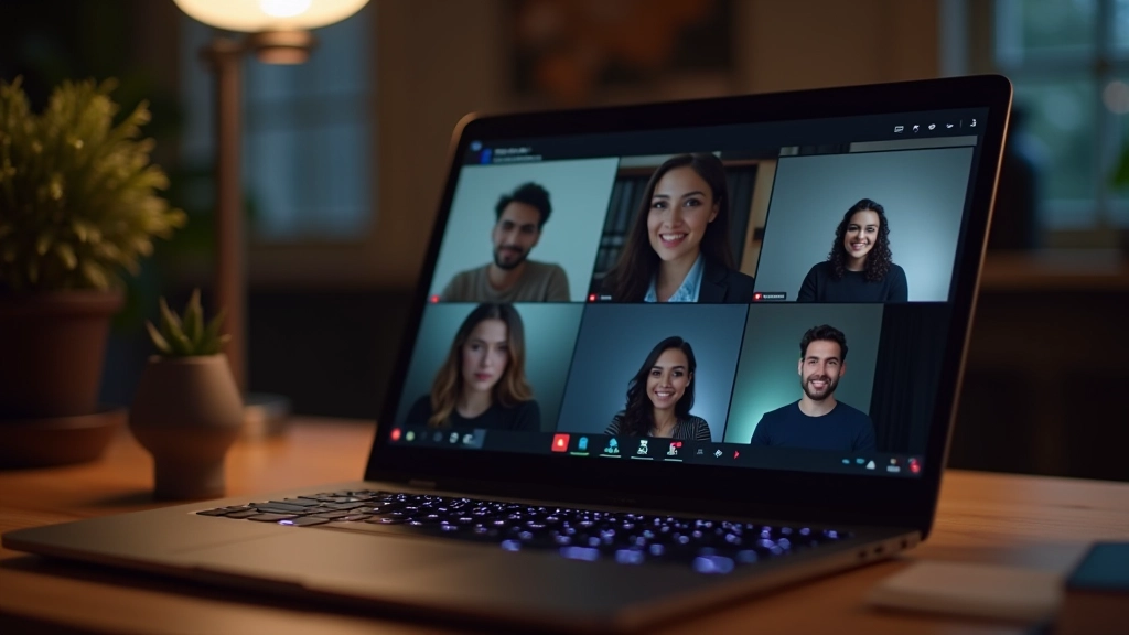 Team members in video call on laptop screen during remote development session with chat window visible