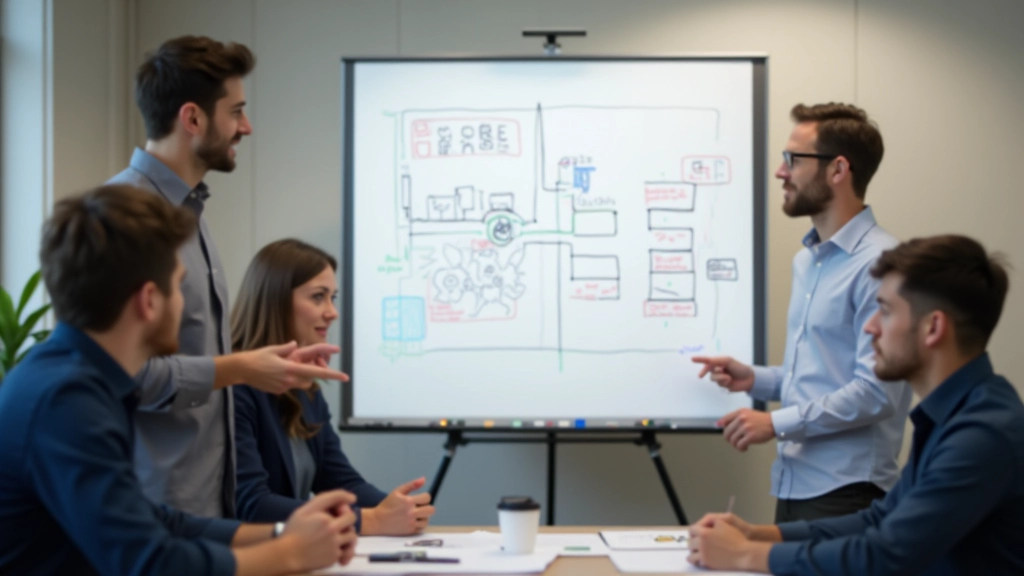 Team members gathered around whiteboard during design meeting, sketching game mechanics and level layouts with markers