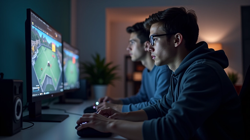 Two people playing game prototype together on computer with focused concentration on gameplay