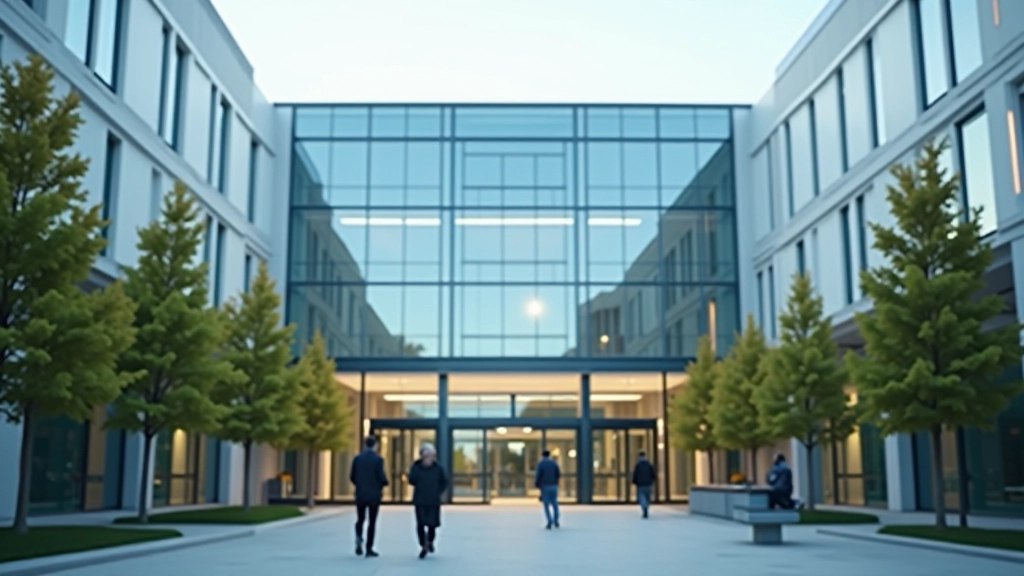 Modern university campus building with glass and architecture, daytime, bright natural lighting