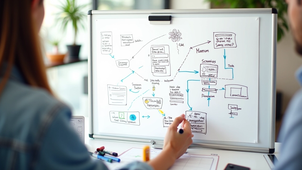 Whiteboard with hand-drawn game mechanics sketches and mechanic flow diagrams