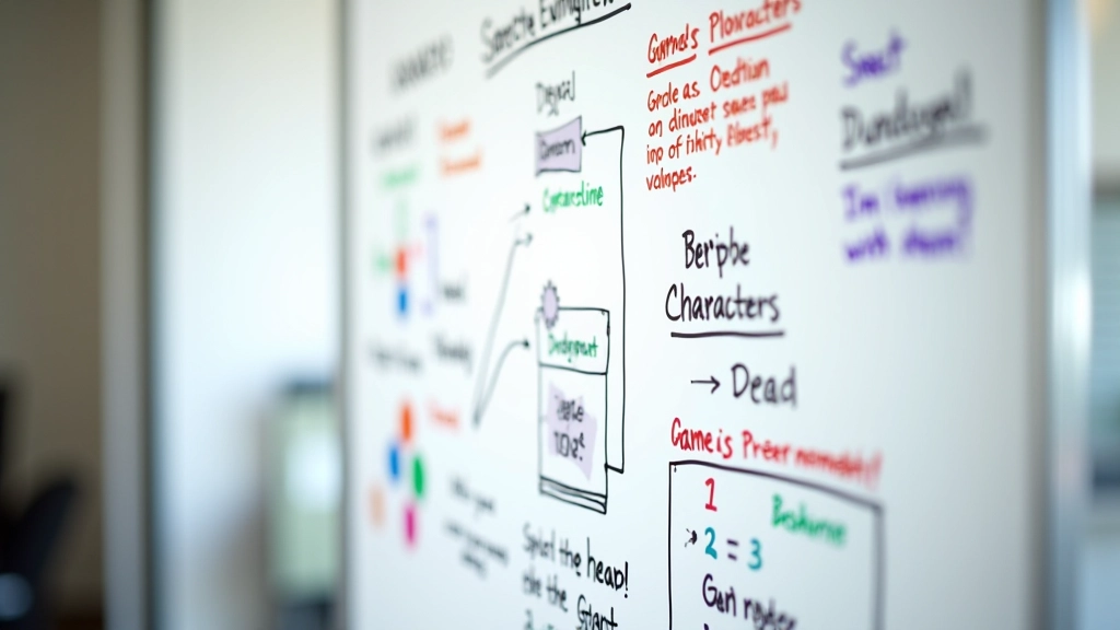Whiteboard covered with game design sketches, flowcharts, and narrative notes